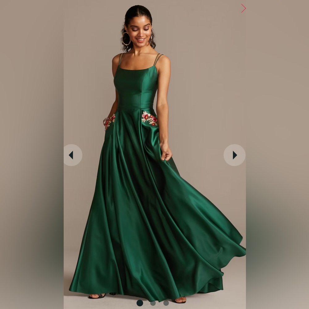 Blondie Nites Satin Dress 3 Floral Pockets Double Strap Gown Green Davids Bridal - Picture 14 of 16